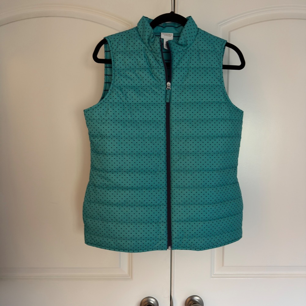 Weekends by Chicos Teal Polka Dot Quilted Puffer Vest Mock Neck Full Zip Size 0